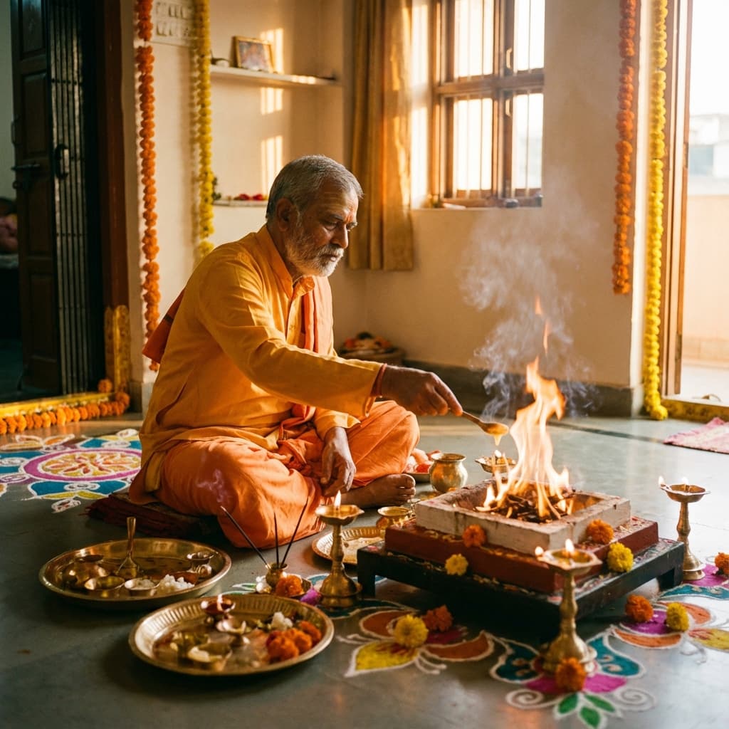 Pandit performing traditional puja ceremony