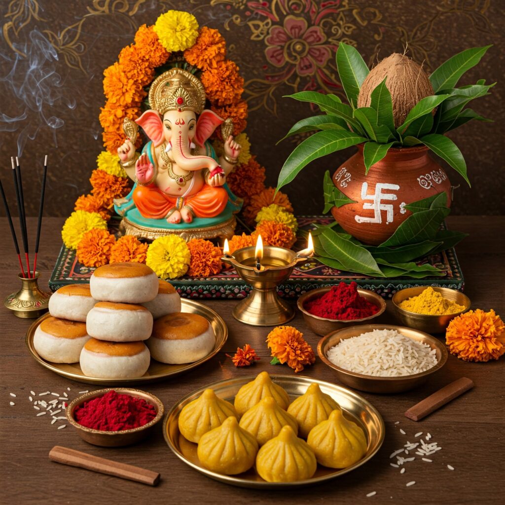 "Ganesh Chaturthi pooja setup with Lord Ganesha idol, modaks, sweets, kalash with coconut and mango leaves, marigold flowers, rice, kumkum, turmeric powder, incense sticks, diyas, and traditional offerings on a decorated wooden surface."