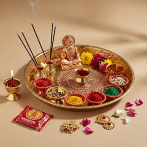 "Hanuman Jayanti pooja thali with Lord Hanuman idol, incense sticks, lit diya, sindoor, kumkum, haldi, flowers, cardamom, seeds, and sacred offerings arranged in a golden plate for traditional Hindu worship."