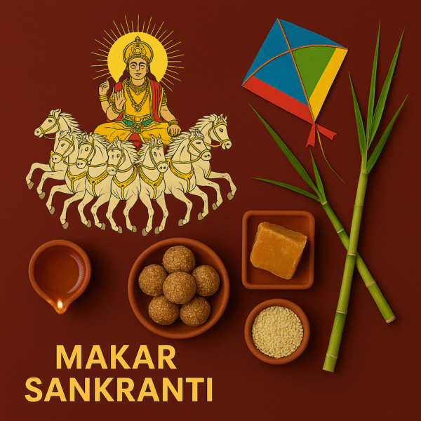 Flat lay image of Makar Sankranti pooja samagri featuring Surya Dev riding a golden chariot with seven white horses, colorful kite, sugarcane sticks, sesame (til) seeds, jaggery (gud), til ke laddoo, and a lit diya on a red background, symbolizing traditional Hindu festival celebration.