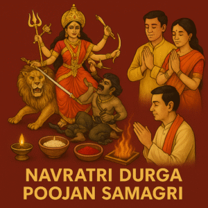 Navratri Durga Poojan Samagri flat lay featuring Goddess Durga idol slaying Mahishasura while riding a lion, with a priest performing hawan, a couple standing with folded hands in devotion, and pooja items like diya, rice, kumkum, and havan kund arranged on a deep red background, symbolizing traditional Hindu worship during Navratri.
