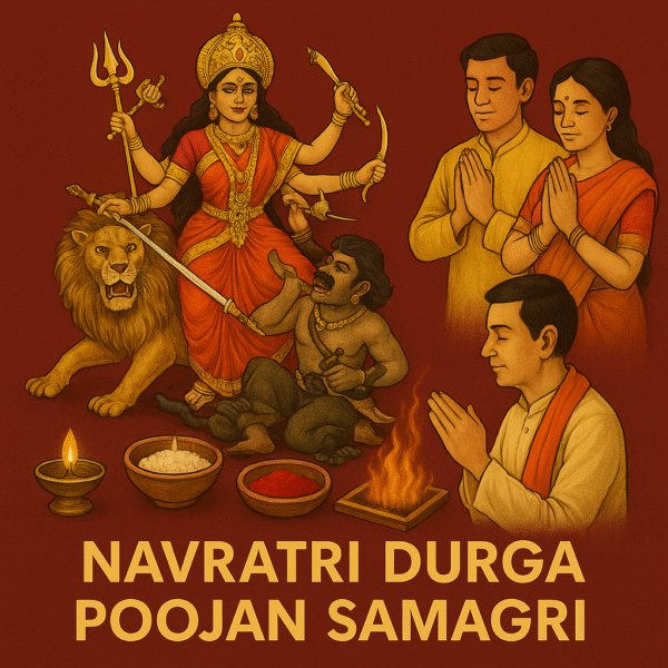 Navratri Durga Poojan Samagri flat lay featuring Goddess Durga idol slaying Mahishasura while riding a lion, with a priest performing hawan, a couple standing with folded hands in devotion, and pooja items like diya, rice, kumkum, and havan kund arranged on a deep red background, symbolizing traditional Hindu worship during Navratri.