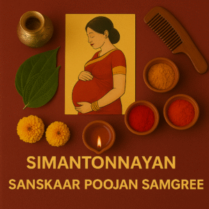 Simantonnayan Sanskaar Poojan Samagri setup on a deep red background, featuring a pregnant woman seated with a priest performing rituals, surrounded by traditional items like coconut, kalash, fruits, haldi, kumkum, diya, rice, bangles, sweets, and sacred thread, symbolizing the Hindu baby shower ceremony.