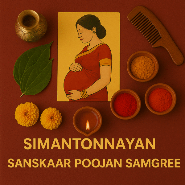 Simantonnayan Sanskaar Poojan Samagri setup on a deep red background, featuring a pregnant woman seated with a priest performing rituals, surrounded by traditional items like coconut, kalash, fruits, haldi, kumkum, diya, rice, bangles, sweets, and sacred thread, symbolizing the Hindu baby shower ceremony.