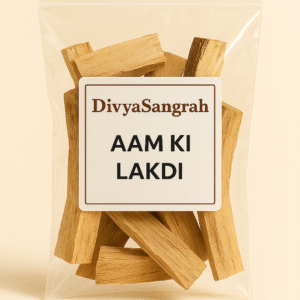 "DivyaSangrah Aam Ki Lakdi (mango wood) in a transparent resealable polythene pack, traditionally used in Hindu puja rituals and havan ceremonies."