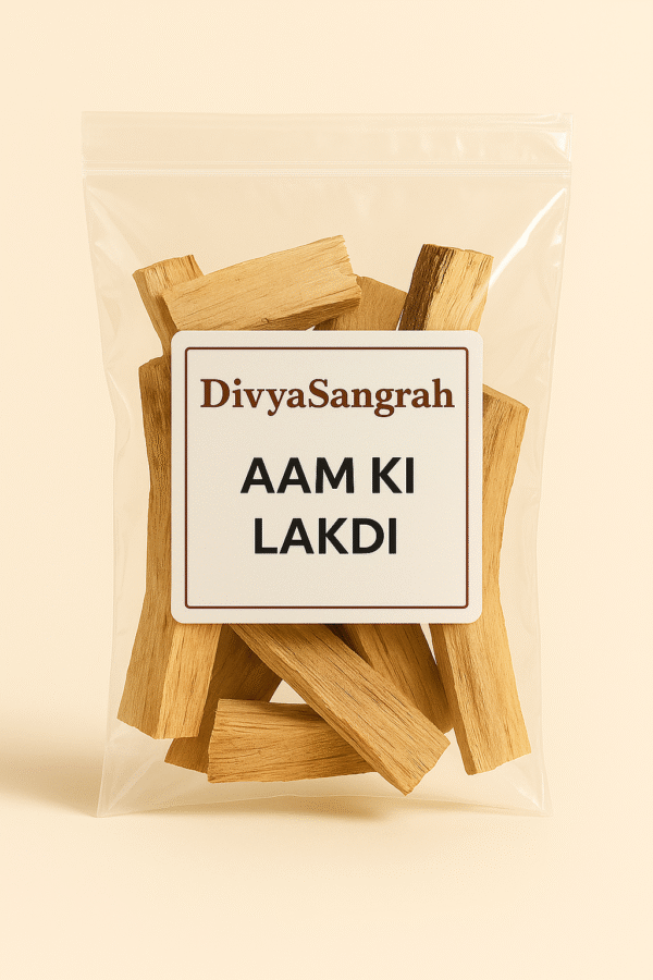 "DivyaSangrah Aam Ki Lakdi (mango wood) in a transparent resealable polythene pack, traditionally used in Hindu puja rituals and havan ceremonies."