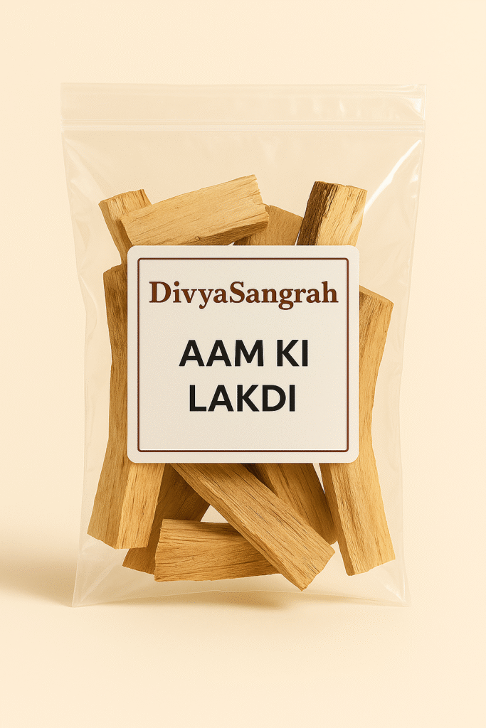 "DivyaSangrah Aam Ki Lakdi (mango wood) in a transparent resealable polythene pack, traditionally used in Hindu puja rituals and havan ceremonies."