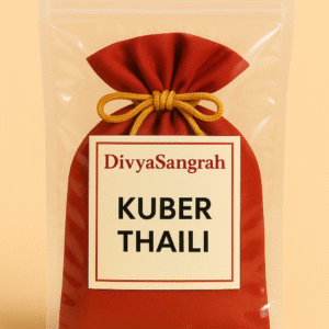"DivyaSangrah Kuber Thaili pack – traditional Kuber wealth pouch used in Diwali puja and Hindu rituals, symbolizing prosperity and abundance, packed in a clear polythene bag"