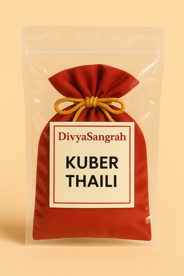 "DivyaSangrah Kuber Thaili pack – traditional Kuber wealth pouch used in Diwali puja and Hindu rituals, symbolizing prosperity and abundance, packed in a clear polythene bag"