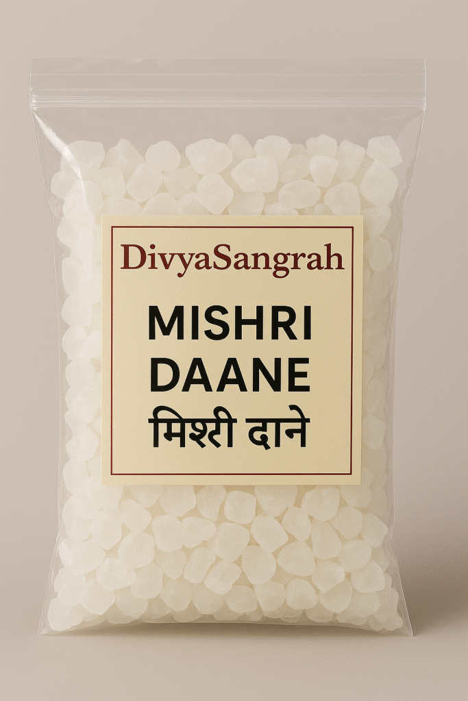 "DivyaSangrah Mishri Dana – Crystal Sugar Cubes in Transparent Resealable Polythene Pack for Puja, Prasad, and Spiritual Offerings"