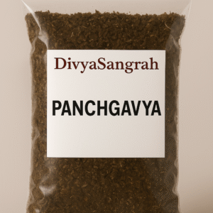 "DivyaSangrah branded transparent plastic pouch containing Panchgavya, a traditional sacred mixture used in Hindu puja rituals."