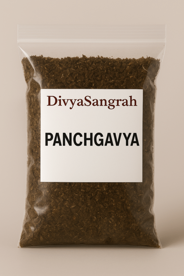 "DivyaSangrah branded transparent plastic pouch containing Panchgavya, a traditional sacred mixture used in Hindu puja rituals."