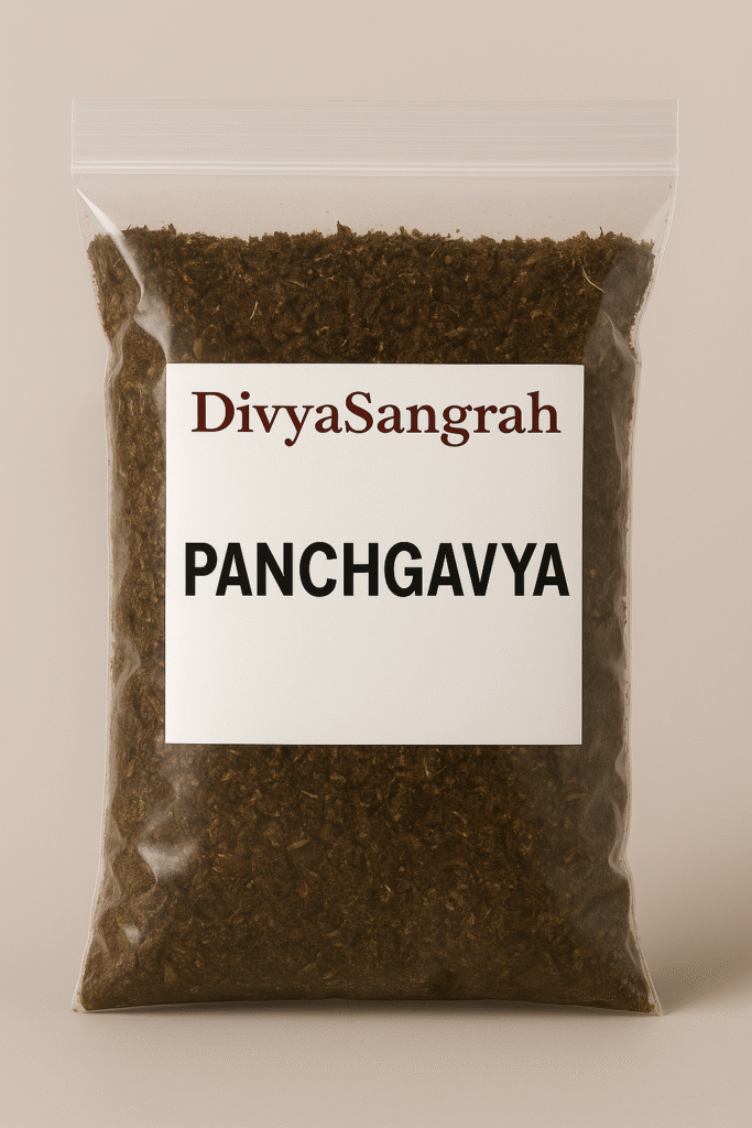 "DivyaSangrah branded transparent plastic pouch containing Panchgavya, a traditional sacred mixture used in Hindu puja rituals."