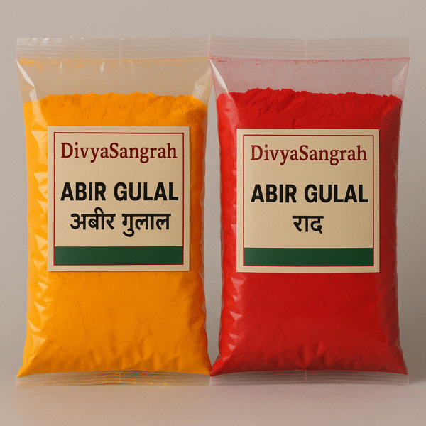 "DivyaSangrah Abir Gulal in saffron and red colors, packed in transparent polythene bags, perfect for Holi, puja rituals, and religious ceremonies."