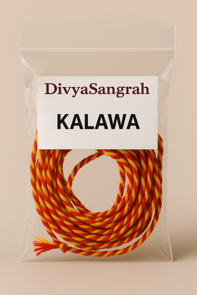 "DivyaSangrah branded transparent pouch containing Kalawa—sacred red and yellow cotton thread used in Hindu rituals, pujas, and religious ceremonies."