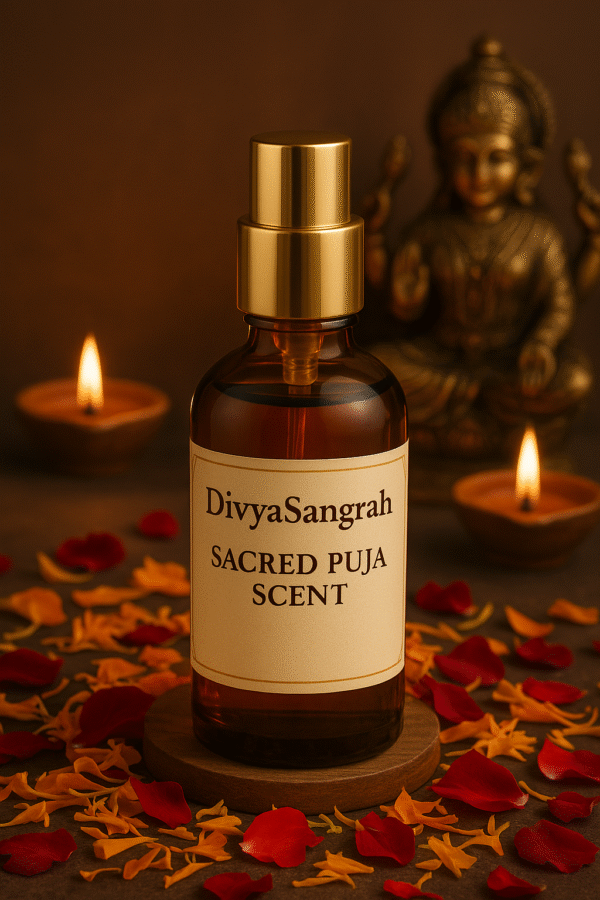 "DivyaSangrah Sacred Puja Scent in an amber glass bottle with golden spray cap, surrounded by rose and marigold petals, lit diyas, and a Ganesha idol—ideal fragrance for enhancing Hindu worship rituals and spiritual ambiance."
