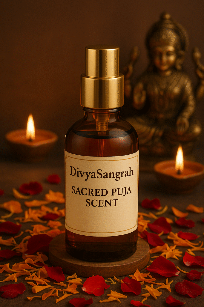"DivyaSangrah Sacred Puja Scent in an amber glass bottle with golden spray cap, surrounded by rose and marigold petals, lit diyas, and a Ganesha idol—ideal fragrance for enhancing Hindu worship rituals and spiritual ambiance."