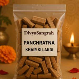 "DivyaSangrah branded transparent pouch containing Panchratna Khair Ki Lakdi sticks, used in Hindu puja rituals and havans, placed against a spiritual background with marigold flowers, diya lamp, and sacred motifs."