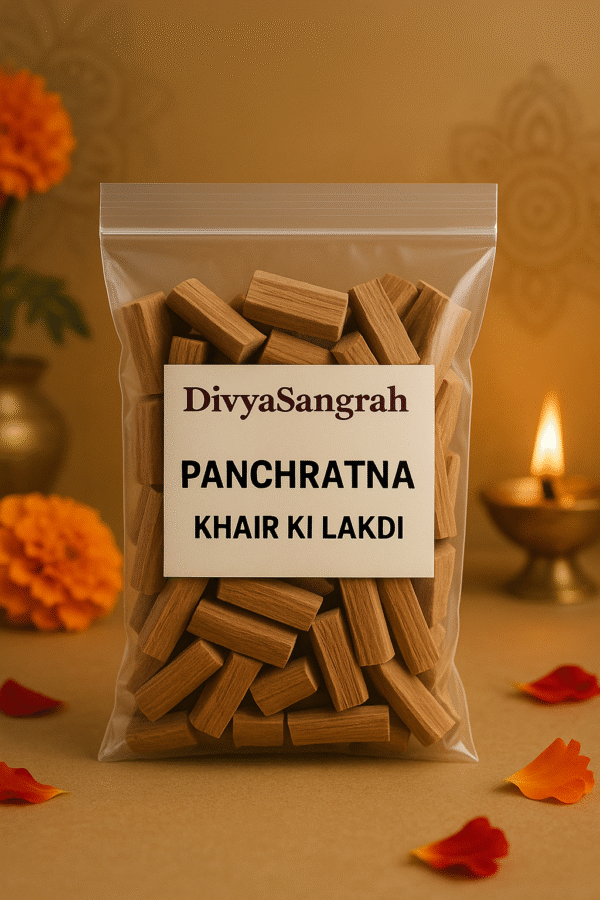 "DivyaSangrah branded transparent pouch containing Panchratna Khair Ki Lakdi sticks, used in Hindu puja rituals and havans, placed against a spiritual background with marigold flowers, diya lamp, and sacred motifs."