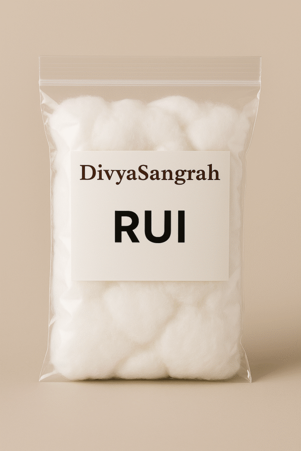 "DivyaSangrah branded transparent ziplock pouch filled with soft Rui cotton, used in Hindu puja rituals for lighting diyas and performing aarti, placed against a neutral beige background."