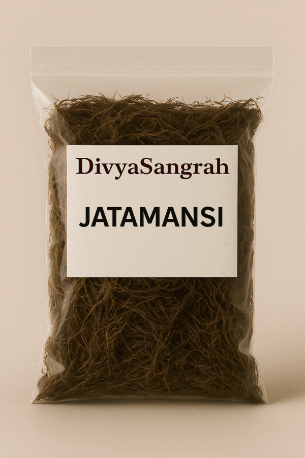 "DivyaSangrah branded transparent ziplock pouch filled with dried Jatamansi roots, a sacred herb used in Hindu puja rituals and Ayurvedic practices, displayed against a soft beige background."