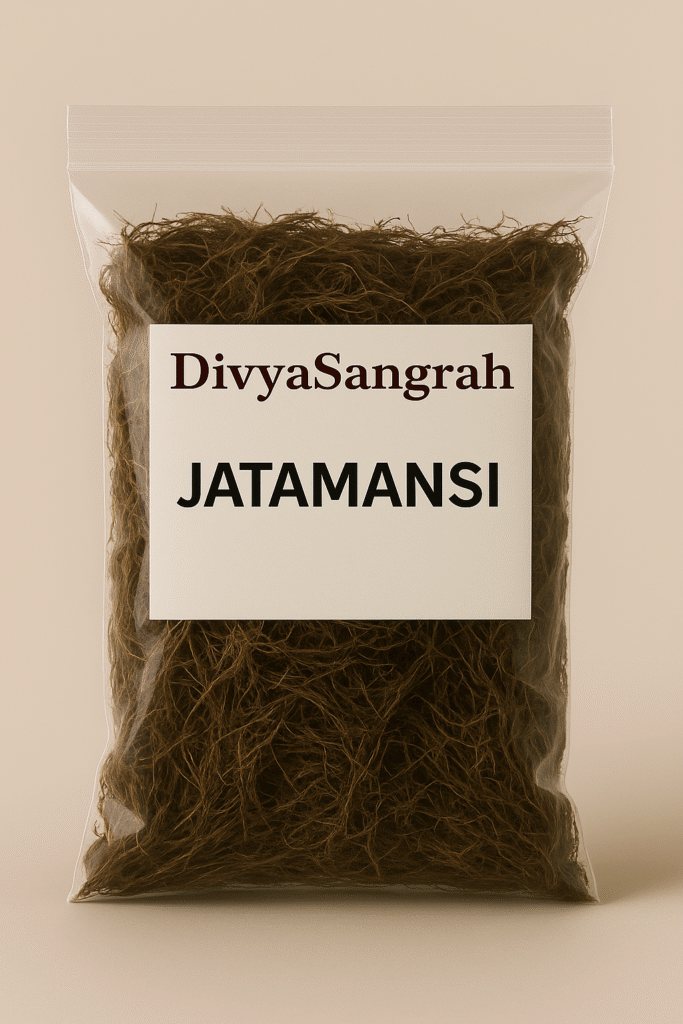 "DivyaSangrah branded transparent ziplock pouch filled with dried Jatamansi roots, a sacred herb used in Hindu puja rituals and Ayurvedic practices, displayed against a soft beige background."