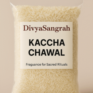 "DivyaSangrah Kaccha Chawal in transparent pouch – raw rice for puja rituals, perfect for sacred Hindu ceremonies and spiritual offerings."