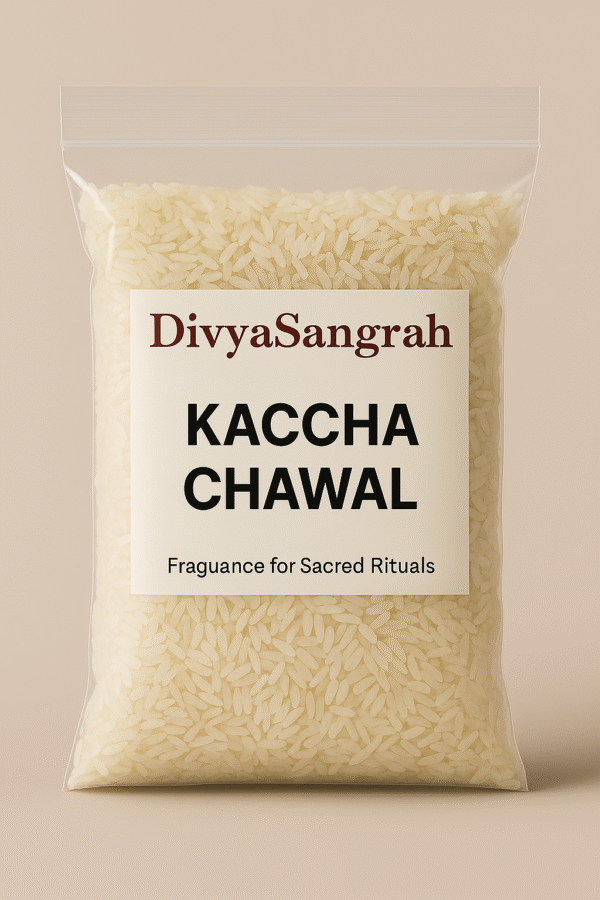 "DivyaSangrah Kaccha Chawal in transparent pouch – raw rice for puja rituals, perfect for sacred Hindu ceremonies and spiritual offerings."
