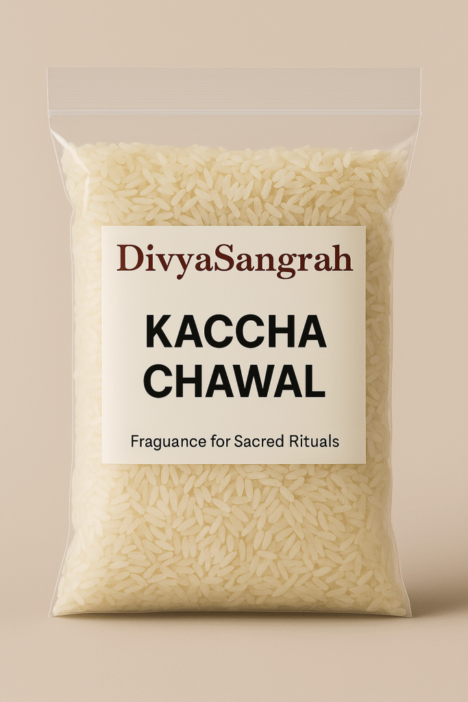 "DivyaSangrah Kaccha Chawal in transparent pouch – raw rice for puja rituals, perfect for sacred Hindu ceremonies and spiritual offerings."