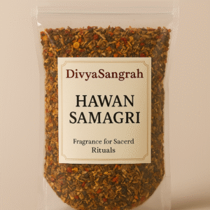 "DivyaSangrah branded transparent pouch filled with Hawan Samagri—a sacred blend of herbs, roots, wood, and flowers used in Hindu fire rituals and pujas—featuring a cream-colored label that reads 'Fragrance for Sacred Rituals,' displayed against a neutral background."