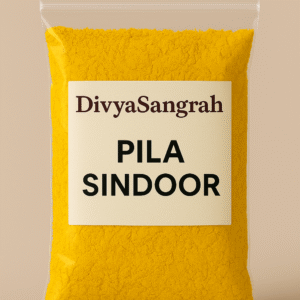 "DivyaSangrah branded transparent pouch filled with Pila Sindoor (yellow vermilion powder), used in Hindu religious rituals and deity offerings, sealed in a flat-bottom, resealable plastic bag and displayed against a neutral background."