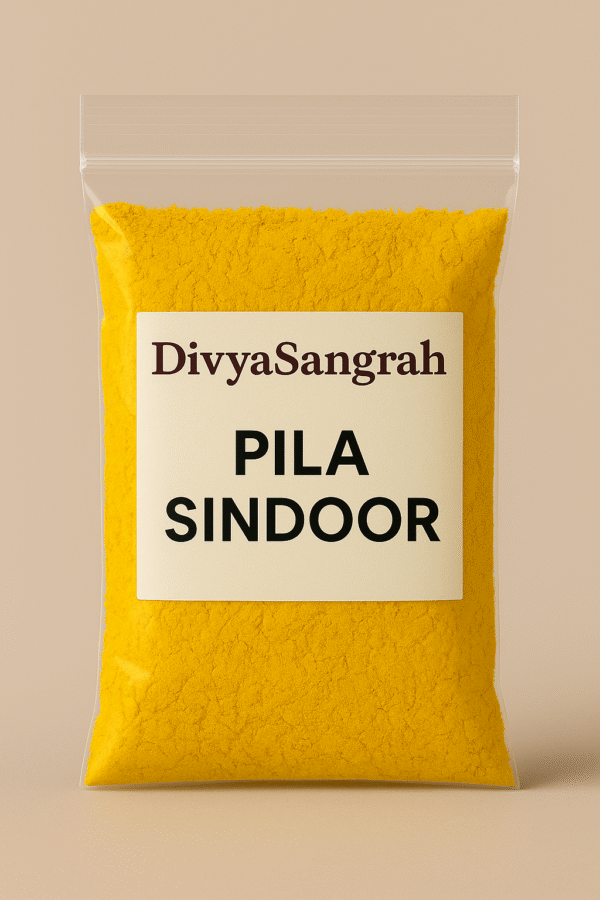"DivyaSangrah branded transparent pouch filled with Pila Sindoor (yellow vermilion powder), used in Hindu religious rituals and deity offerings, sealed in a flat-bottom, resealable plastic bag and displayed against a neutral background."