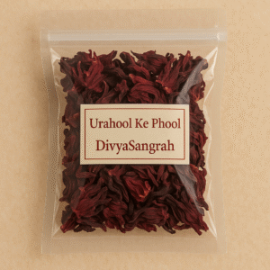 "DivyaSangrah Urahool Ke Phool packed in a transparent resealable plastic pouch, containing dried hibiscus flowers for pooja and spiritual rituals, displayed on a beige background."