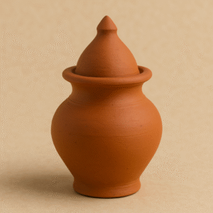 "DivyaSangrah handcrafted terracotta Kalash clay pot with lid for Hindu puja rituals, displayed on a beige background."