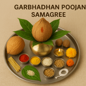 "Garbhadhana Poojan Samagree arranged on a steel plate, including kalash with coconut and mango leaves, kumkum, haldi, rice, coriander seeds, betel leaf, incense sticks, diya, thread, nuts, and marigold flowers—used in the Hindu conception ritual."