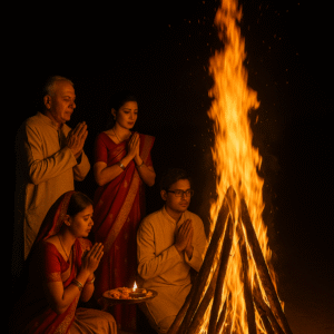 "Hindu family performing Holika Dahan ritual at night, with hands joined in prayer around a large bonfire, symbolizing the victory of good over evil during the Holi festival."