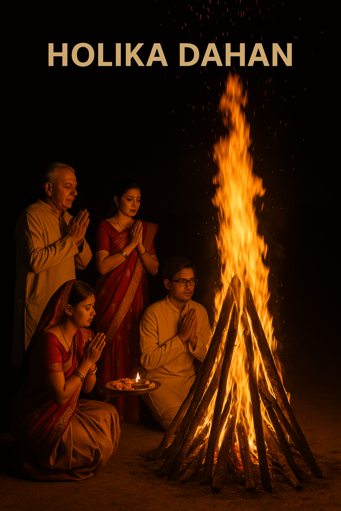 "Hindu family performing Holika Dahan ritual at night, with hands joined in prayer around a large bonfire, symbolizing the victory of good over evil during the Holi festival."
