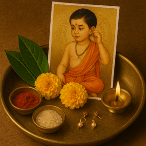 "Karnavedh Sanskaar Poojan Samagree displayed on a brass plate with a picture of a child symbolizing ear-piercing ceremony, including marigold flowers, rice, kumkum, diya, and gold earrings – traditional Hindu ritual items for ear piercing ceremony."