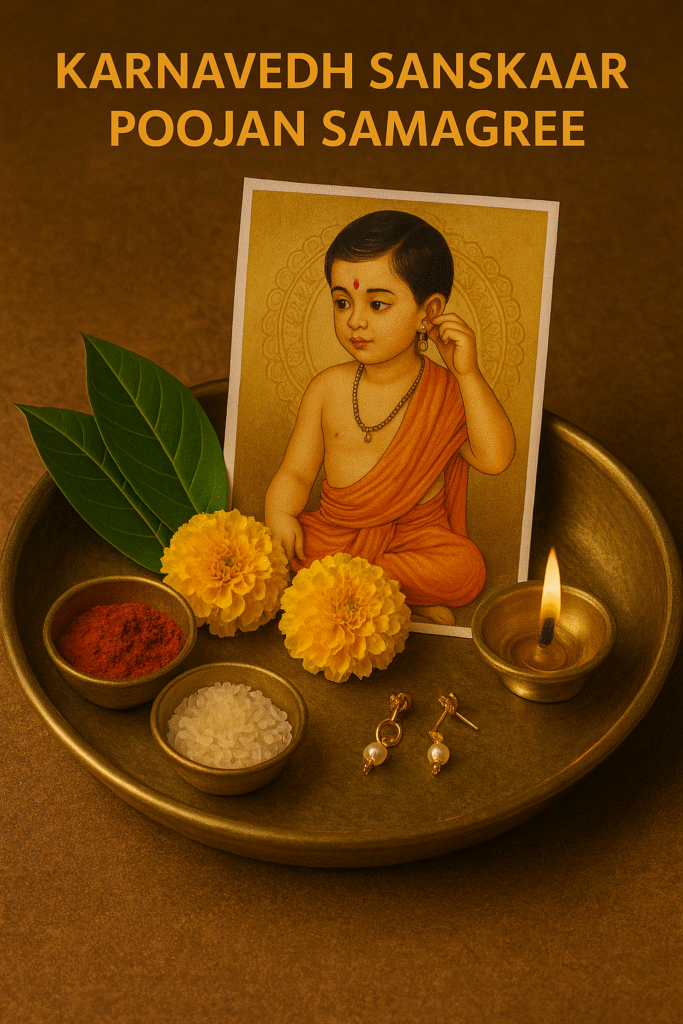 "Karnavedh Sanskaar Poojan Samagree displayed on a brass plate with a picture of a child symbolizing ear-piercing ceremony, including marigold flowers, rice, kumkum, diya, and gold earrings – traditional Hindu ritual items for ear piercing ceremony."