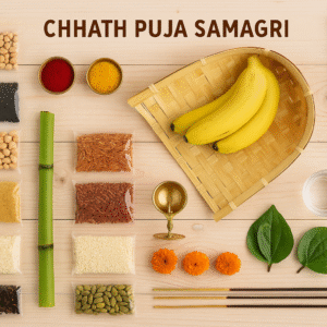 Chhath Puja Samagri flat lay featuring bamboo basket with bananas, traditional pooja items in transparent pouches, marigold flowers, sugarcane stick, betel leaves, brass lamp, incense sticks, and raw ingredients arranged on a wooden background.
