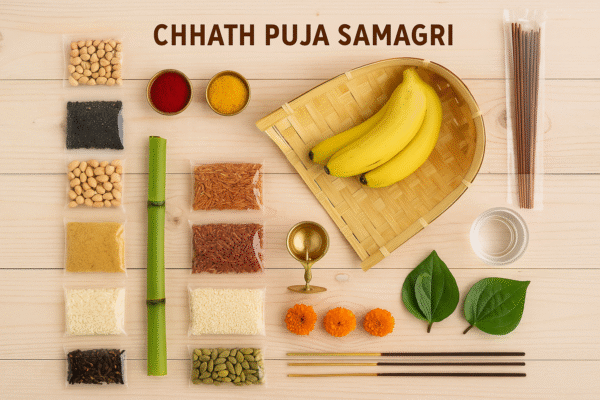 Chhath Puja Samagri flat lay featuring bamboo basket with bananas, traditional pooja items in transparent pouches, marigold flowers, sugarcane stick, betel leaves, brass lamp, incense sticks, and raw ingredients arranged on a wooden background.