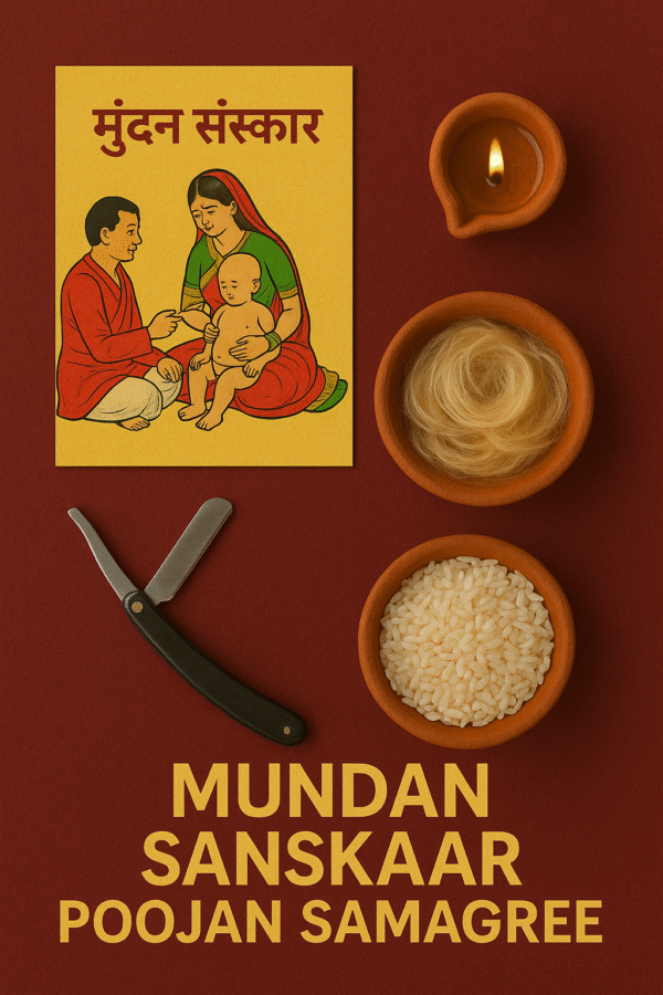 “Mundan Sanskaar Poojan Samagri kit featuring traditional Hindu head-shaving ritual items including a family illustration, diya, baby hair, razor, and rice in clay bowls on a maroon background – perfect for first haircut ceremony rituals.”