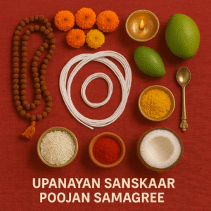 "Upanayan Sanskaar Poojan Samagri with sacred janeu thread, rudraksha mala, marigold flowers, brass diya, mangoes, turmeric, kumkum, rice, coconut, and pooja spoon arranged on red cloth for Hindu sacred thread ceremony"