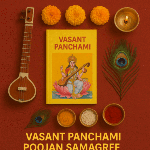 "Vasant Panchami Poojan Samagri featuring yellow Saraswati puja book, veena, peacock feathers, marigold flowers, brass diya, turmeric, kumkum, rice bowls arranged on red background for Hindu festival worship setup"