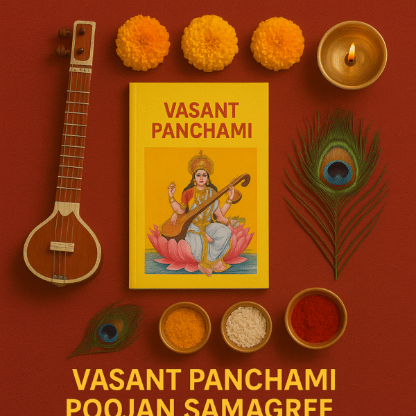 "Vasant Panchami Poojan Samagri featuring yellow Saraswati puja book, veena, peacock feathers, marigold flowers, brass diya, turmeric, kumkum, rice bowls arranged on red background for Hindu festival worship setup"