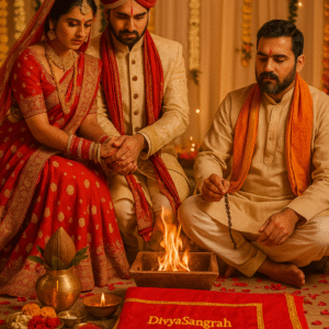 "Traditional Hindu Vivah Poojan Samagri setup with bride and groom performing wedding rituals around the sacred fire, priest chanting mantras, and ceremonial items like havan kund, kalash, ghee, flowers, rice, and sindoor arranged for the sacred wedding ceremony."