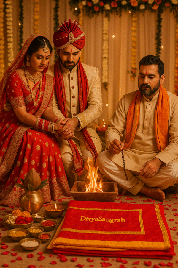 "Traditional Hindu Vivah Poojan Samagri setup with bride and groom performing wedding rituals around the sacred fire, priest chanting mantras, and ceremonial items like havan kund, kalash, ghee, flowers, rice, and sindoor arranged for the sacred wedding ceremony."
