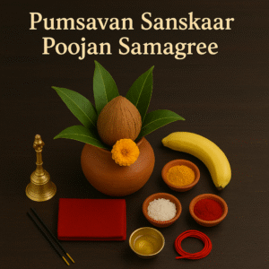 "Pumsavan Sanskaar Poojan Samagree displayed on a dark wooden surface with a heading text, featuring a terracotta Kalash with mango leaves and coconut, marigold flower, banana, turmeric, kumkum, rice, red cloth, brass bell, incense sticks, ghee, and sacred red thread used in traditional Hindu prenatal ritual."