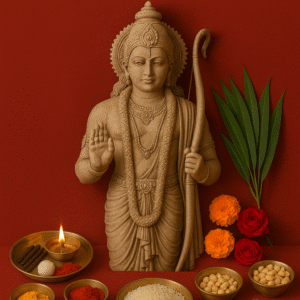"Ram Navami Poojan Samagree setup with a grand idol of Lord Ram surrounded by traditional Hindu worship items like diya, incense sticks, turmeric, kumkum, rice, flowers, Rudraksha mala, and sacred leaves on a red background"