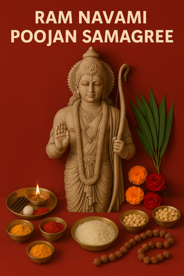 "Ram Navami Poojan Samagree setup with a grand idol of Lord Ram surrounded by traditional Hindu worship items like diya, incense sticks, turmeric, kumkum, rice, flowers, Rudraksha mala, and sacred leaves on a red background"